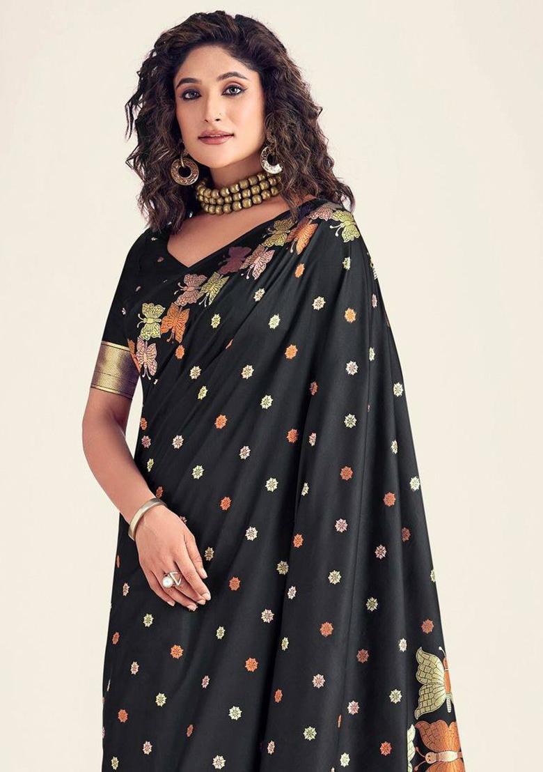 Black Embroidery Silk Saree Set - Indya