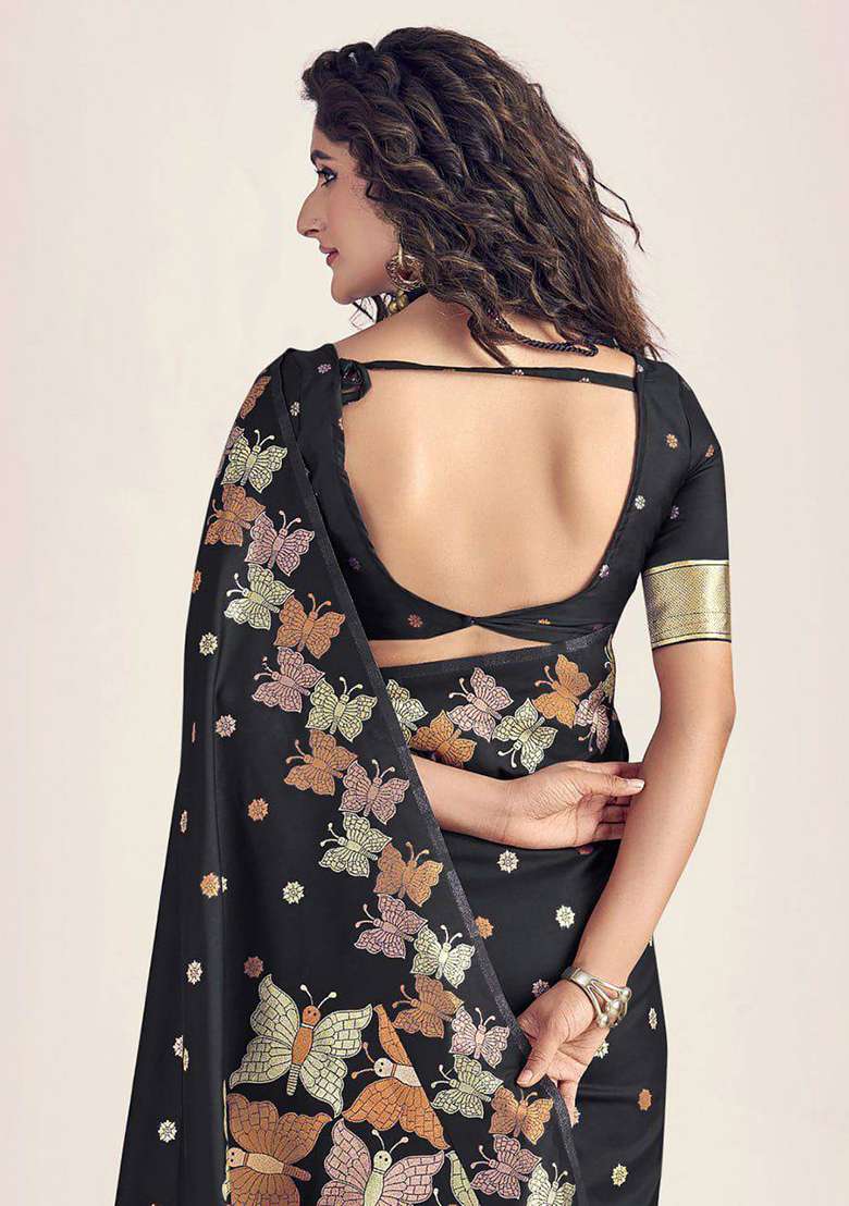 Black Embroidery Silk Blend Saree Set for Diwali and Festive Wear - Indya