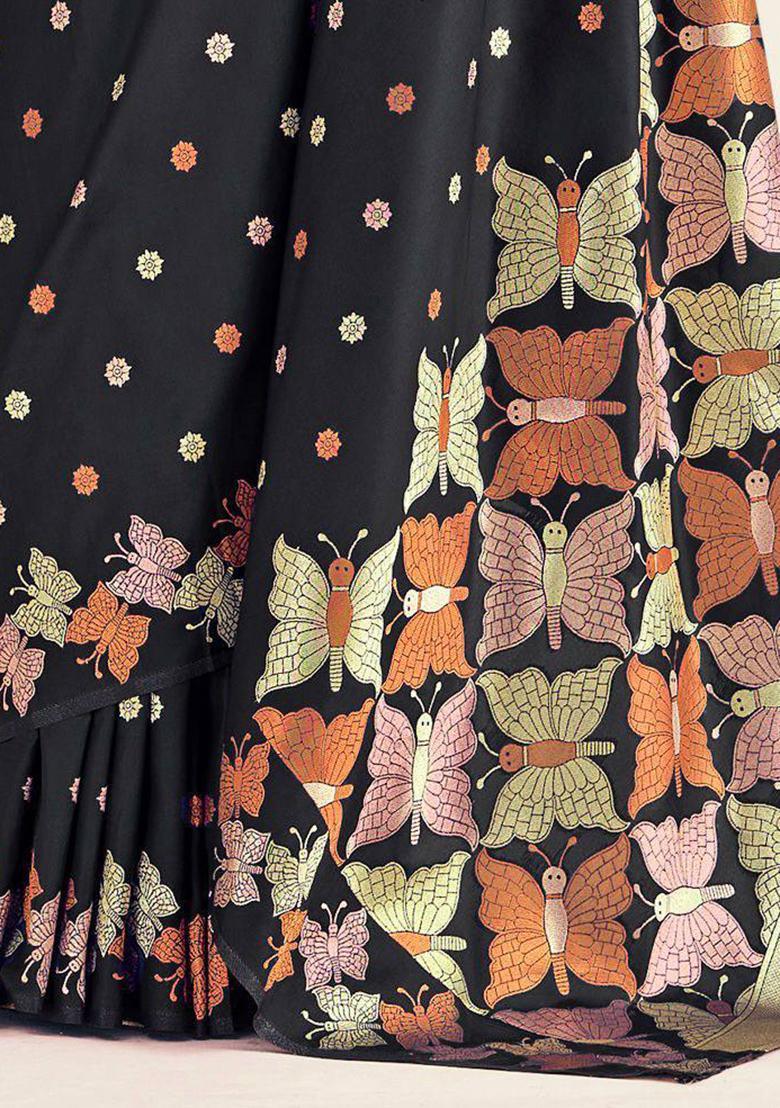 Black Embroidery Silk Saree Set - Indya