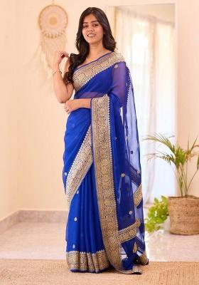 Drak Blue Embroidery Silk Saree Set