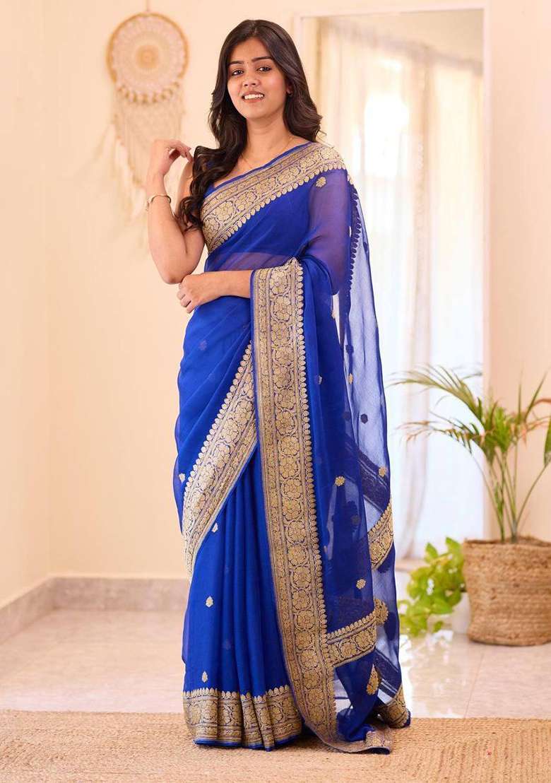 Drak Blue Embroidery Silk Blend Saree Set for Diwali and Festive Wear - Indya