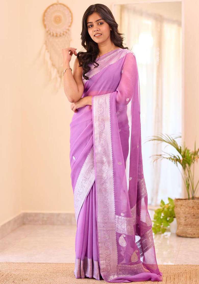 Purple Silk Blend Saree Set with Embroidery for Diwali | Wedding & Festive Wear - Indya