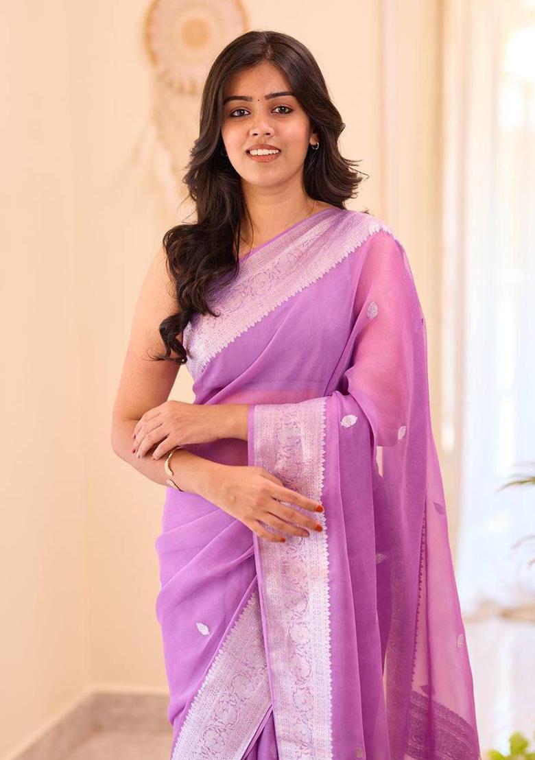 Purple Embroidery Silk Saree Set - Indya