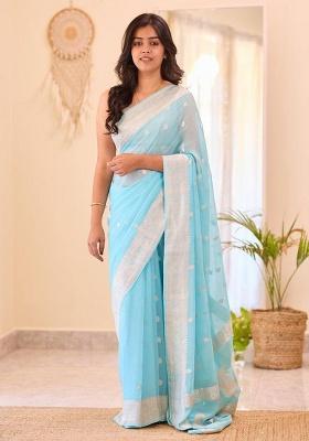 Sky Blue Embroidery Silk Saree Set
