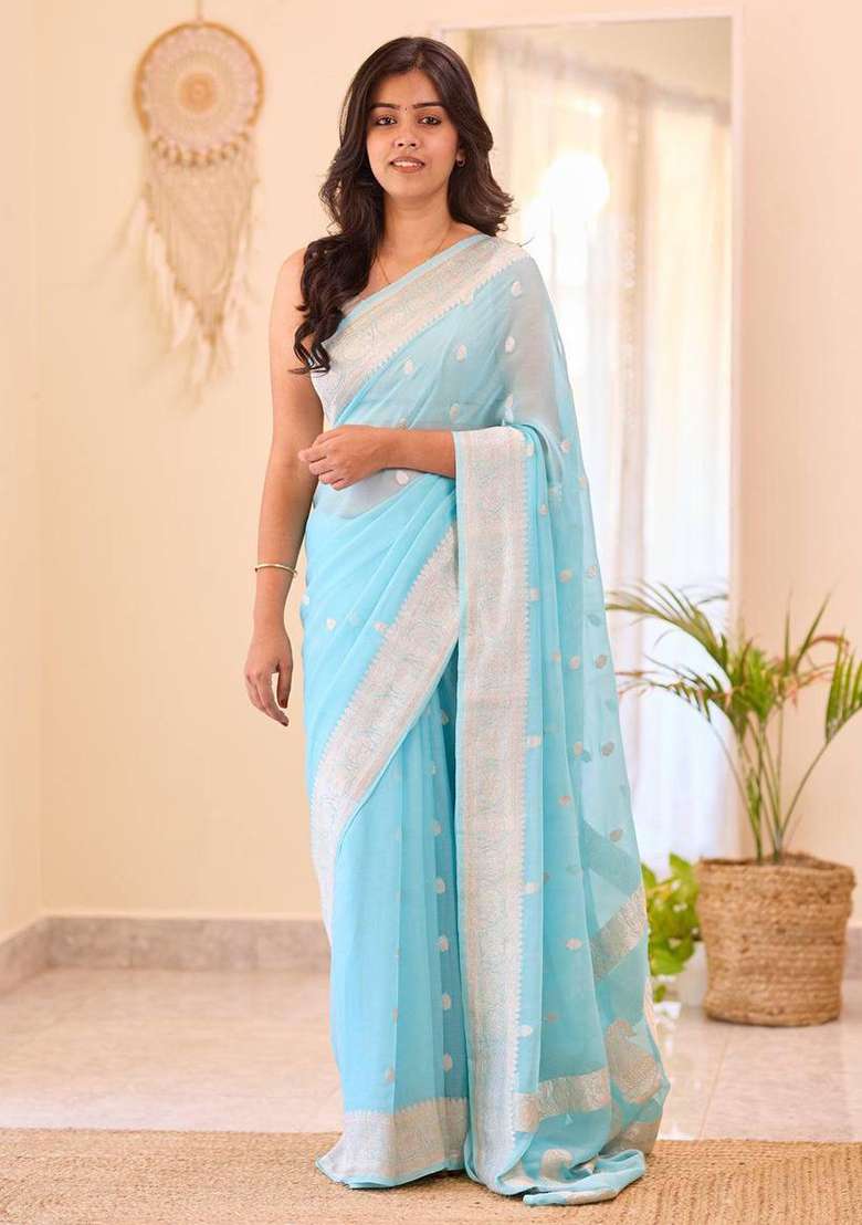 Sky Blue Silk Blend Saree Set with Embroidery for Diwali | Wedding & Festive Wear - Indya