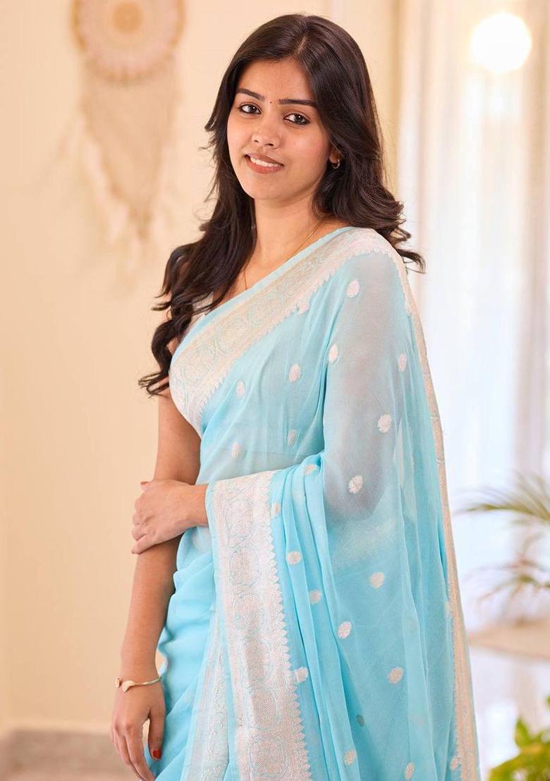 Sky Blue Embroidery Silk Saree Set - Indya