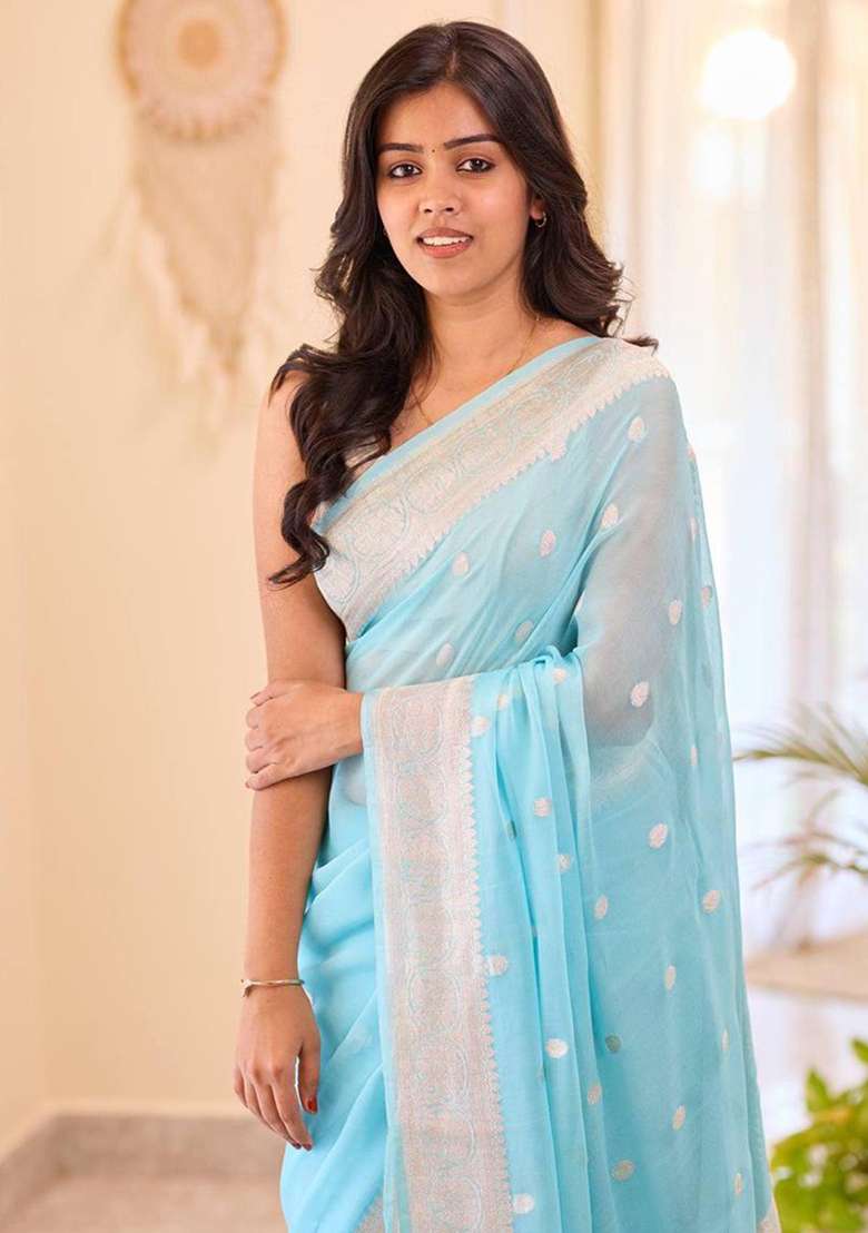 Sky Blue Silk Blend Saree Set with Embroidery for Diwali | Wedding & Festive Wear - Indya