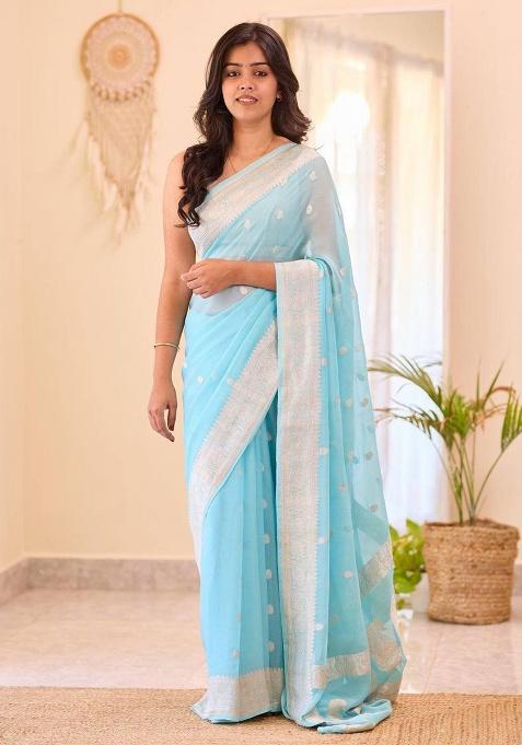 Sky Blue Embroidery Silk Saree Set