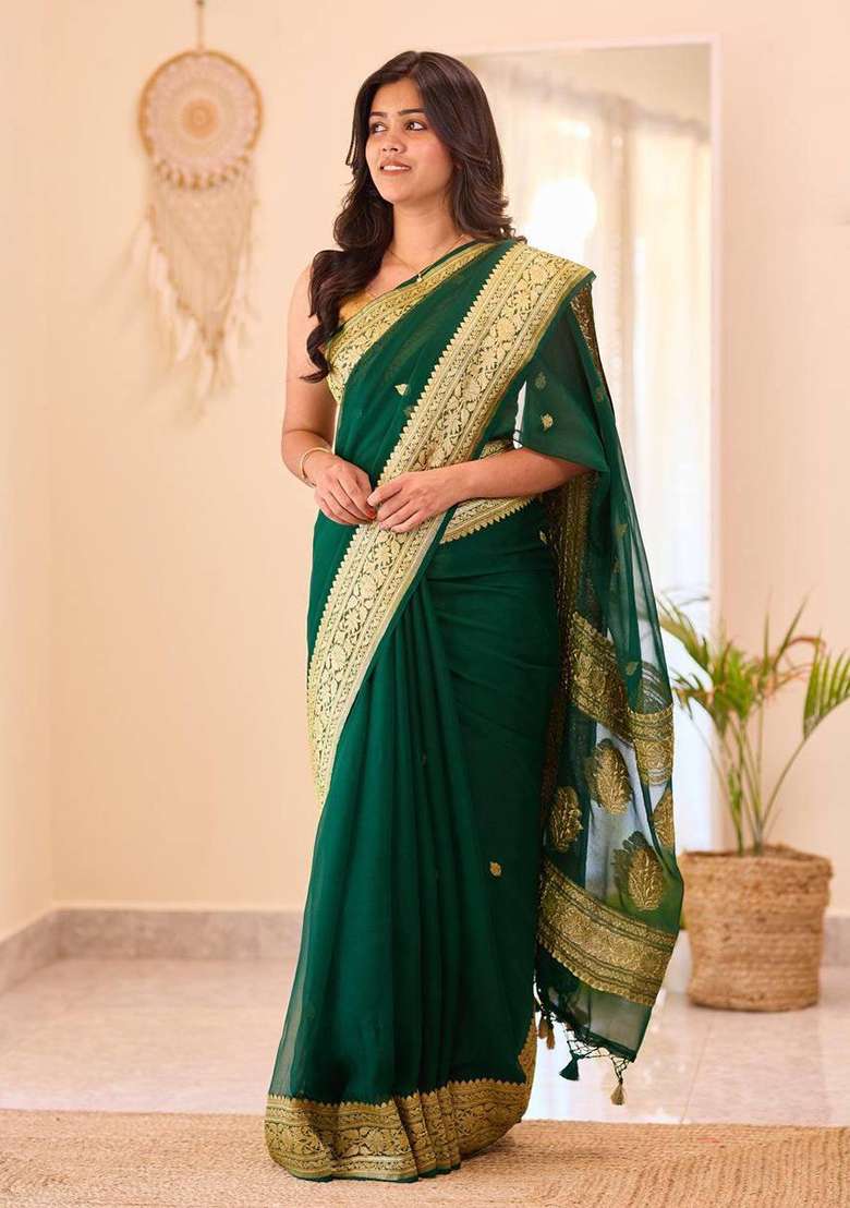 Green Silk Blend Saree Set with Embroidery for Diwali | Wedding & Festive Wear - Indya