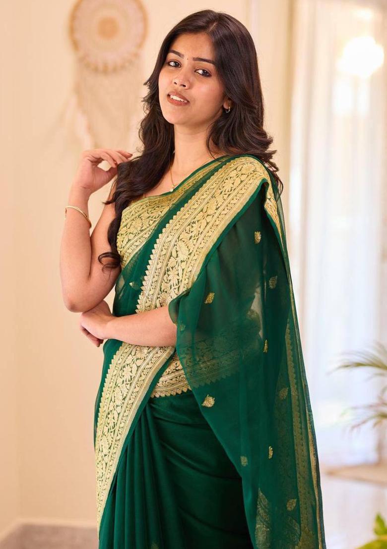 Green Embroidery Silk Saree Set - Indya