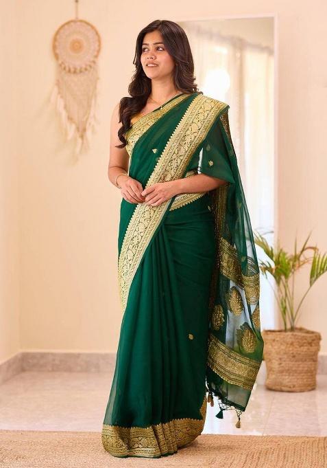 Green Embroidery Silk Saree Set