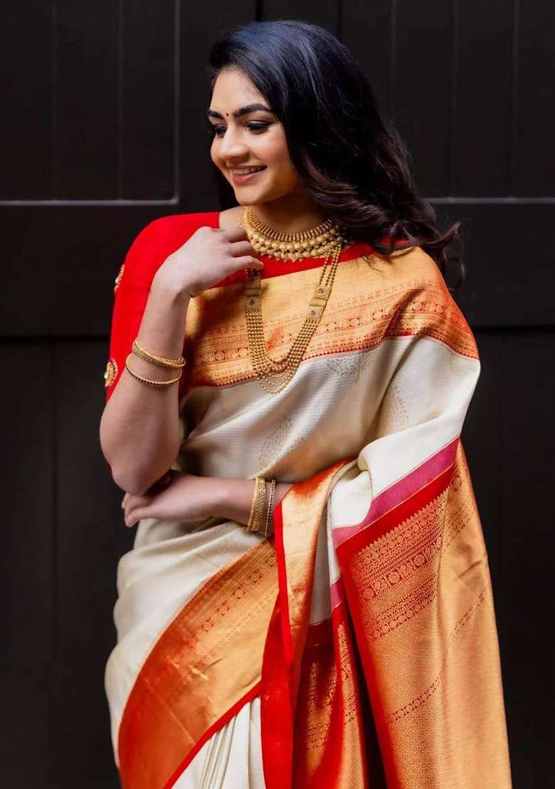 Red And Beige Embroidery Silk Blend Saree Set for Diwali and Festive Wear - Indya