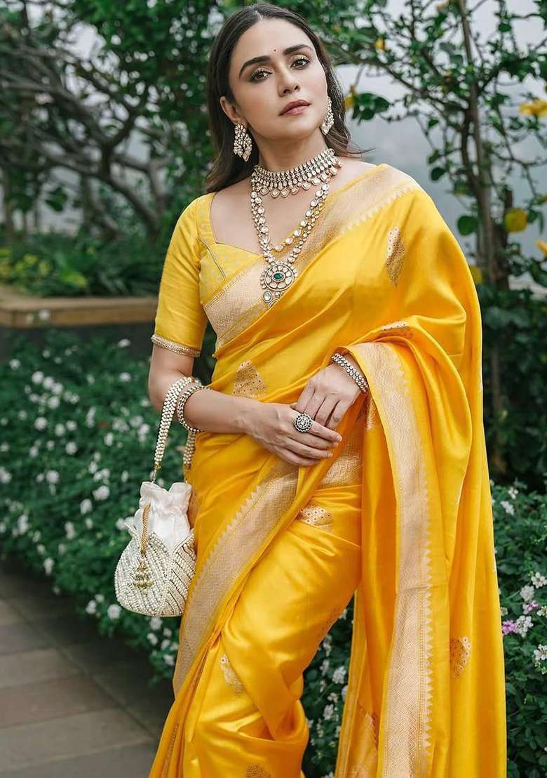 Yellow Embroidery Silk Blend Saree Set for Diwali and Festive Wear - Indya