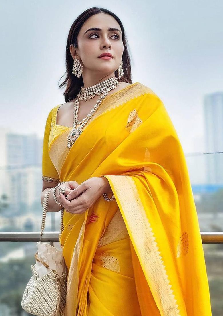 Yellow Embroidery Silk Saree Set - Indya