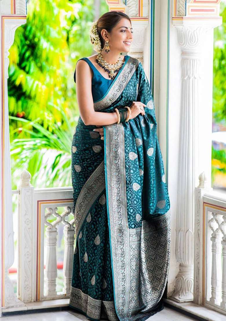 Blue Embroidery Silk Blend Saree Set for Diwali and Festive Wear - Indya