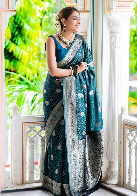 Blue Embroidery Silk Saree Set