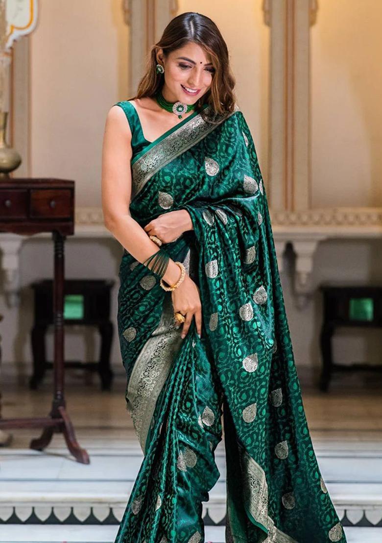Green Embroidery Silk Saree Set - Indya