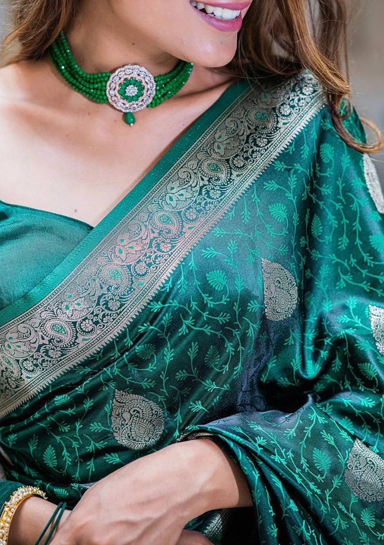 Green Embroidery Silk Saree Set - Indya