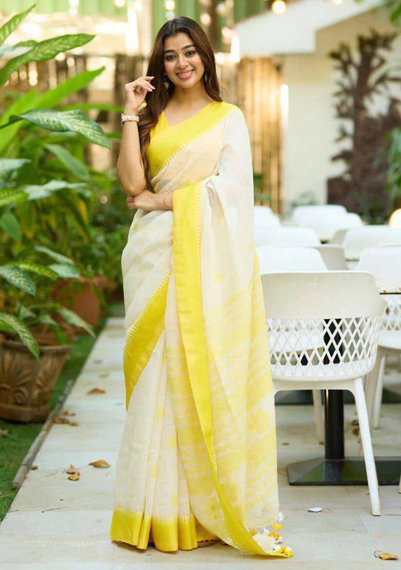 Yellow Embroidery Silk Blend Saree Set for Diwali and Festive Wear - Indya