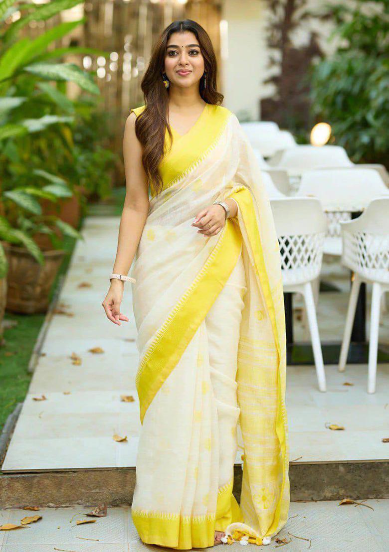 Yellow Embroidery Silk Saree Set - Indya