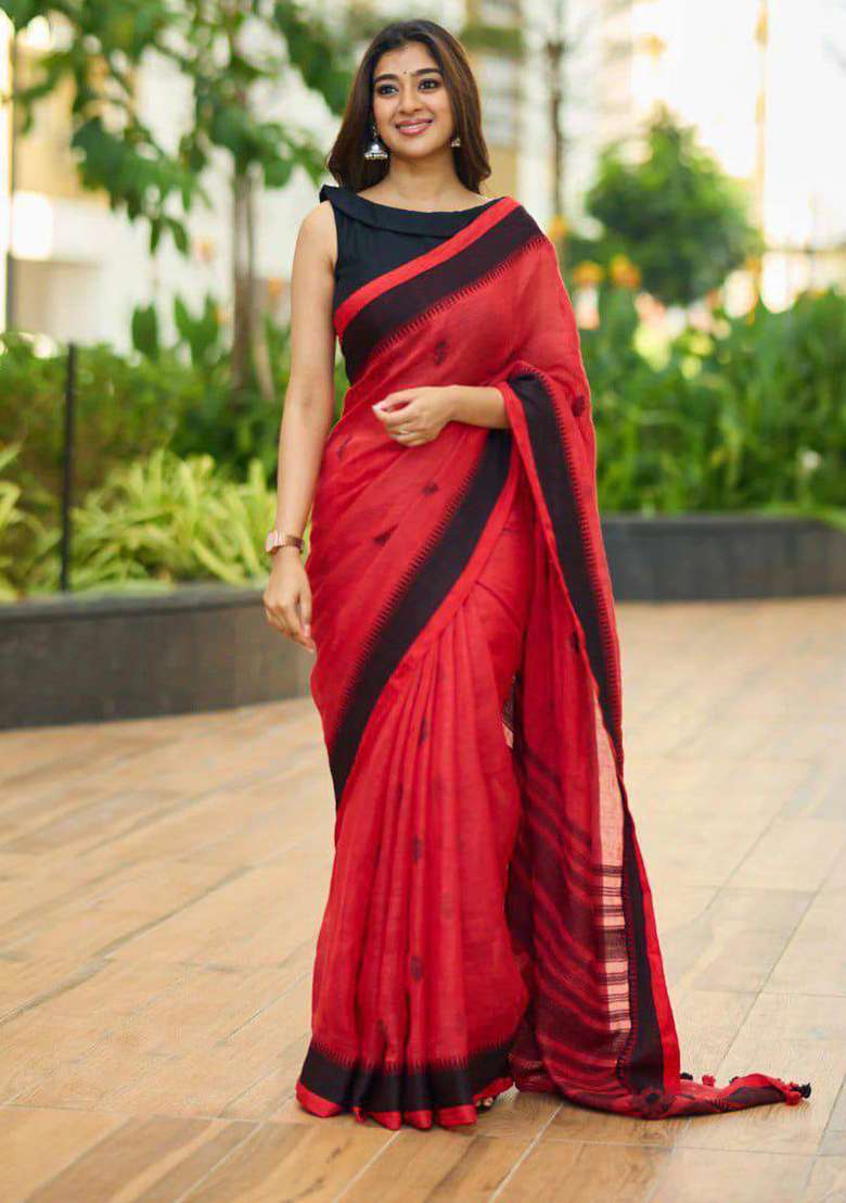 Red Silk Blend Saree Set with Embroidery for Diwali | Wedding & Festive Wear - Indya