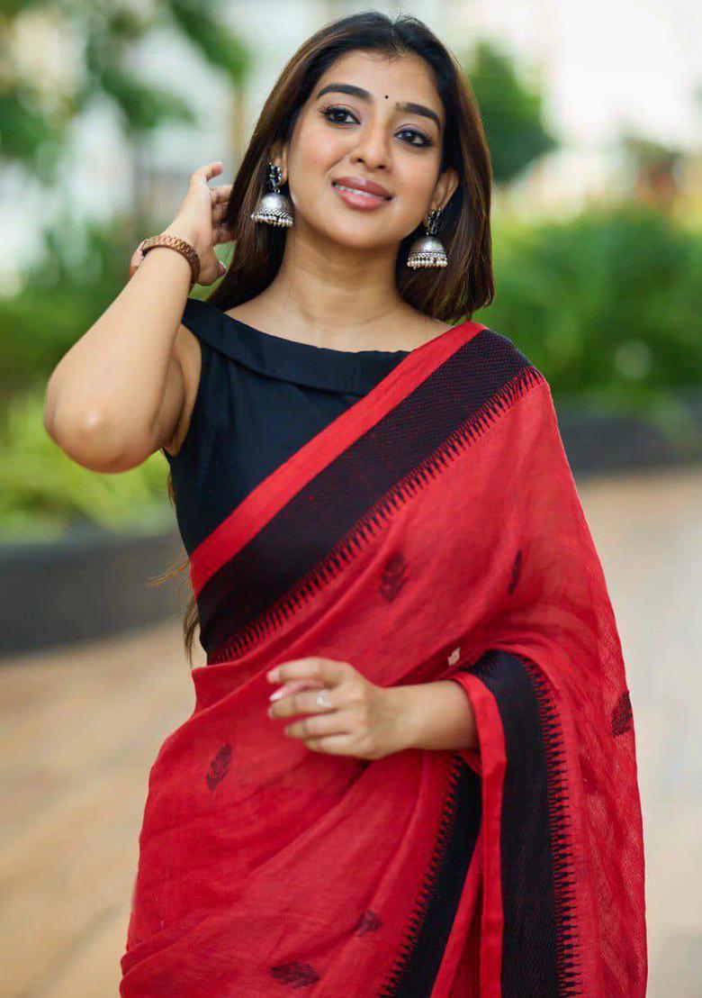 Red Embroidery Silk Saree Set - Indya