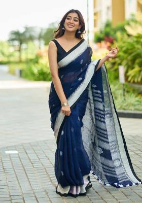 Blue Embroidery Silk Saree Set
