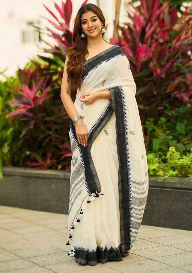Off White Embroidery Silk Blend Saree Set for Diwali and Festive Wear - Indya