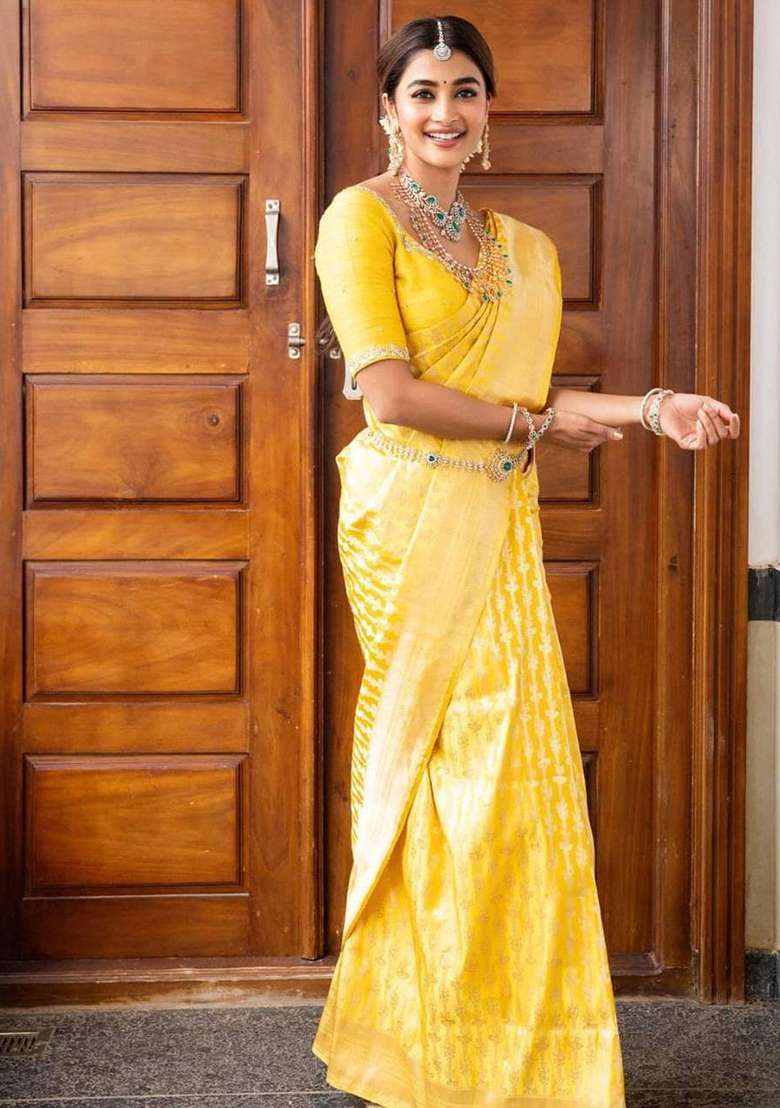 Yellow Embroidery Silk Blend Saree Set for Diwali and Festive Wear - Indya