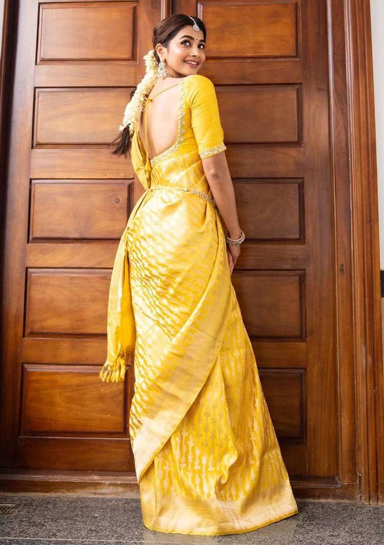Yellow Embroidery Silk Blend Saree Set for Diwali and Festive Wear - Indya