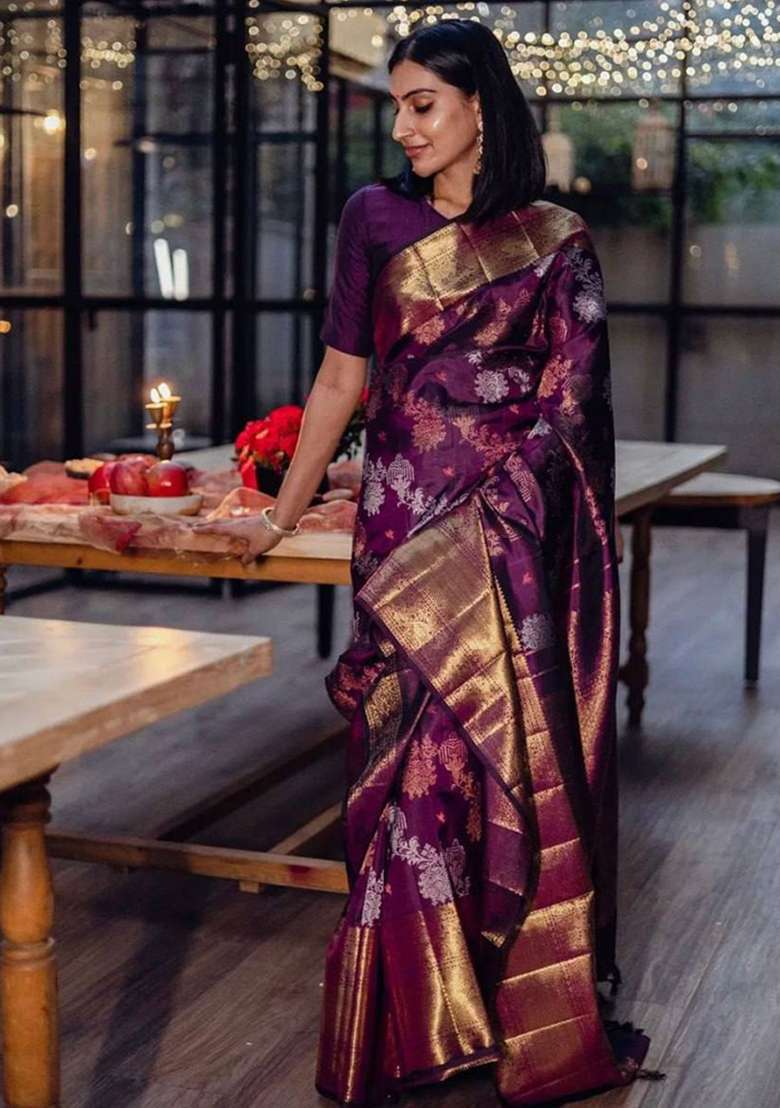 Purple Silk Blend Saree Set with Embroidery for Diwali | Wedding & Festive Wear - Indya