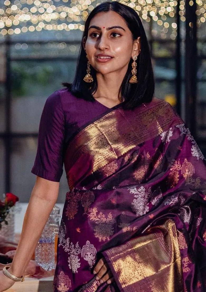Purple Embroidery Silk Saree Set - Indya