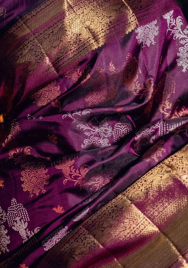 Purple Silk Blend Saree Set with Embroidery for Diwali | Wedding & Festive Wear - Indya