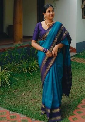 Blue Embroidery Silk Saree Set