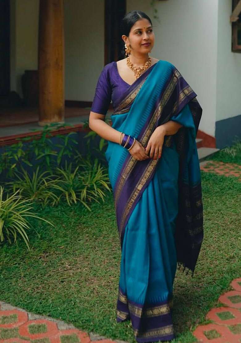 Blue Embroidery Silk Blend Saree Set for Diwali and Festive Wear - Indya