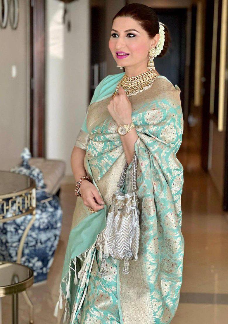 Green Embroidery Silk Saree Set - Indya