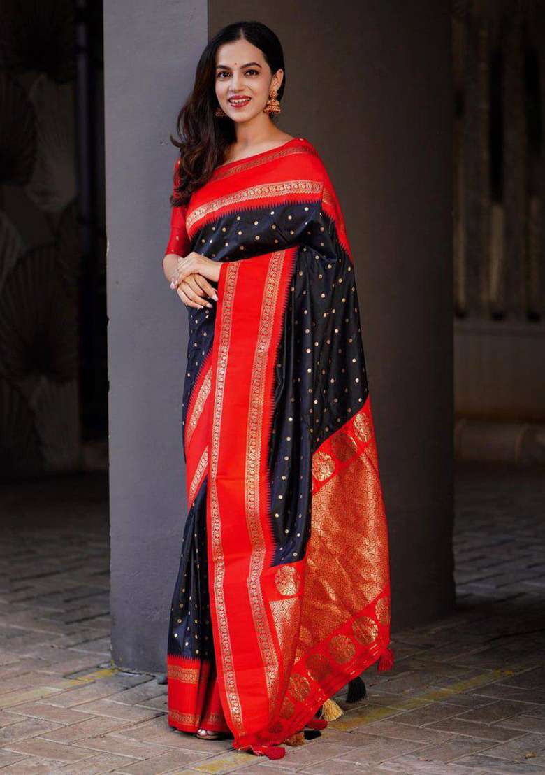 Black Silk Blend Saree Set with Embroidery for Diwali | Wedding & Festive Wear - Indya