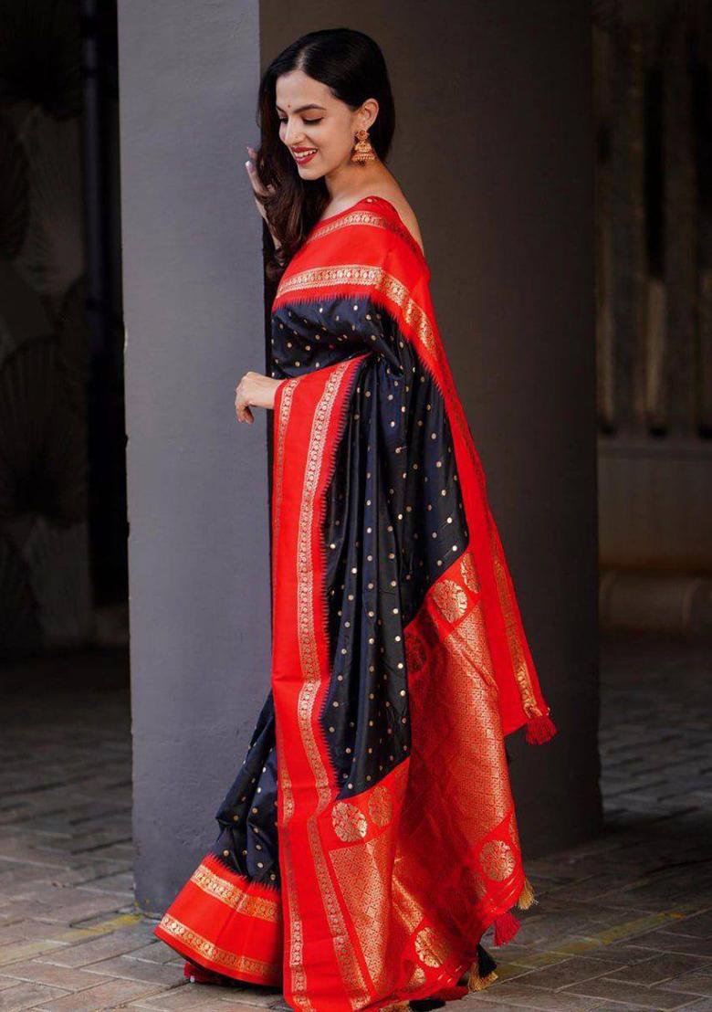 Black Embroidery Silk Saree Set - Indya