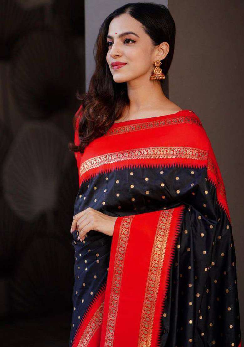 Black Silk Blend Saree Set with Embroidery for Diwali | Wedding & Festive Wear - Indya