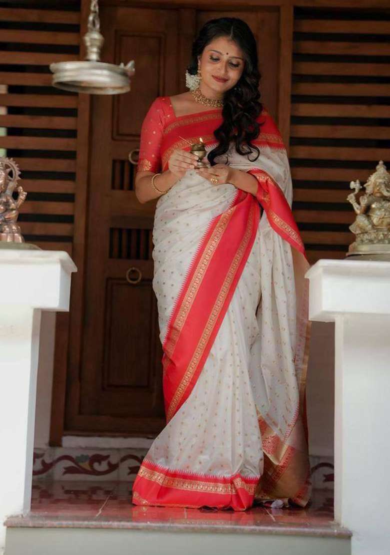 White Silk Blend Saree Set with Embroidery for Diwali | Wedding & Festive Wear - Indya