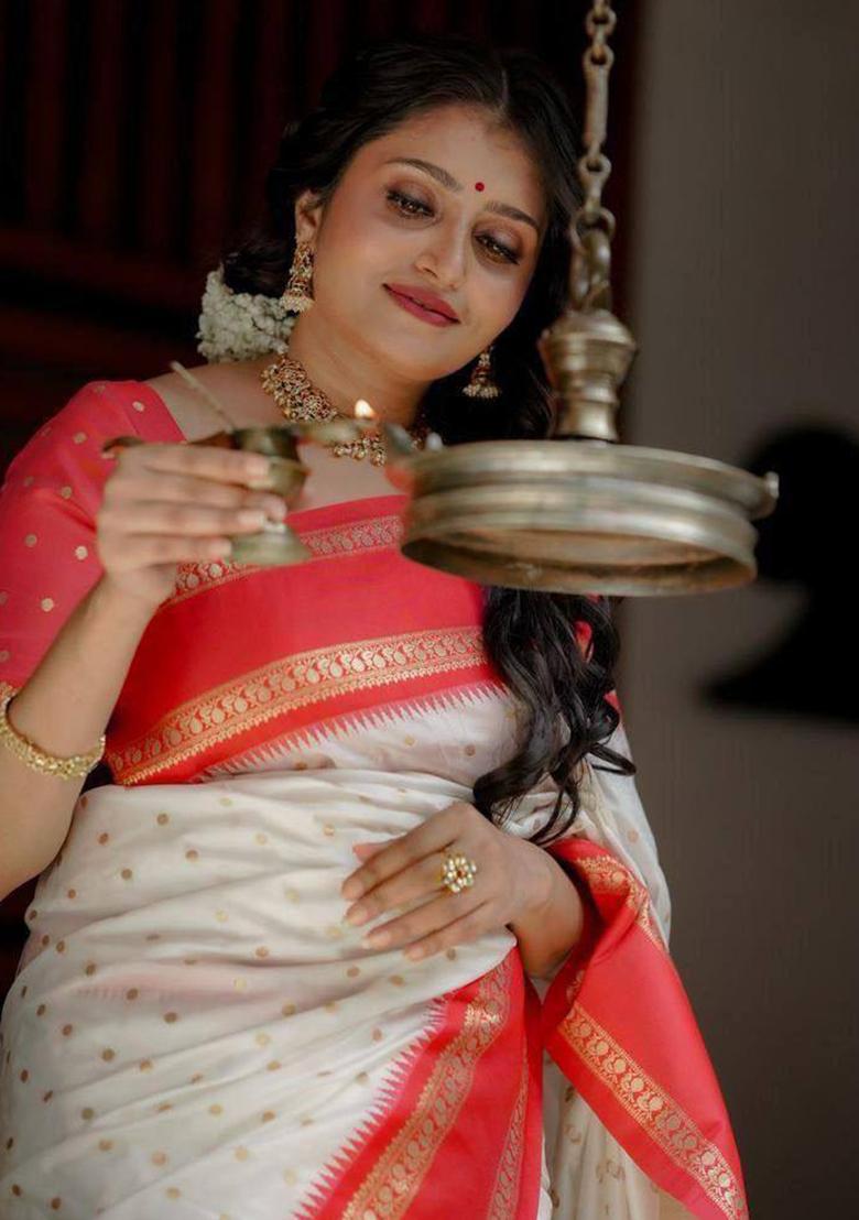 White Embroidery Silk Saree Set - Indya