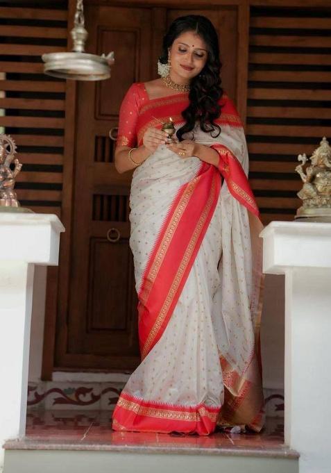 White Embroidery Silk Saree Set
