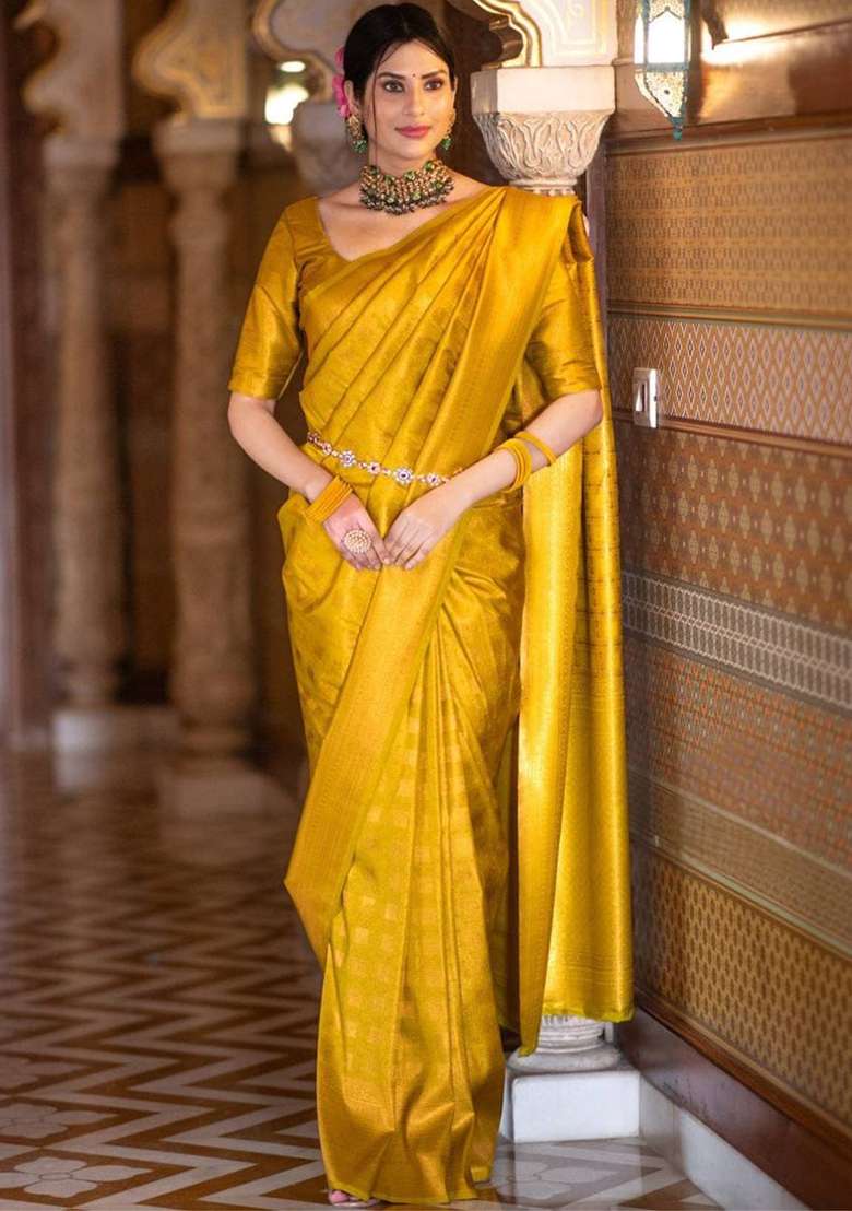 Yellow Silk Blend Saree Set with Embroidery for Diwali | Wedding & Festive Wear - Indya