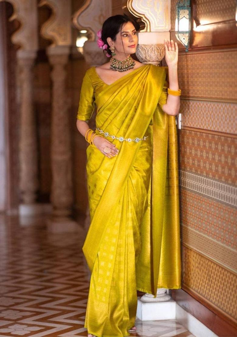 Yellow Embroidery Silk Saree Set - Indya