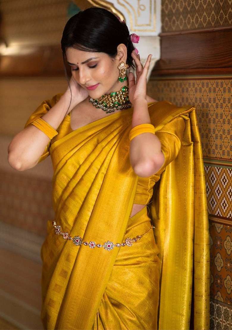 Yellow Silk Blend Saree Set with Embroidery for Diwali | Wedding & Festive Wear - Indya