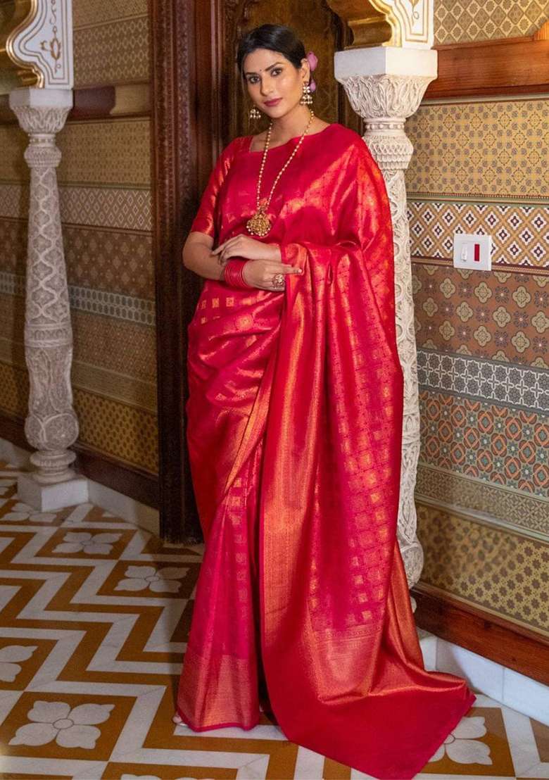 Red Silk Blend Saree Set with Embroidery for Diwali | Wedding & Festive Wear - Indya
