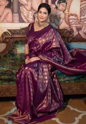 Purple Embroidery Silk Saree Set