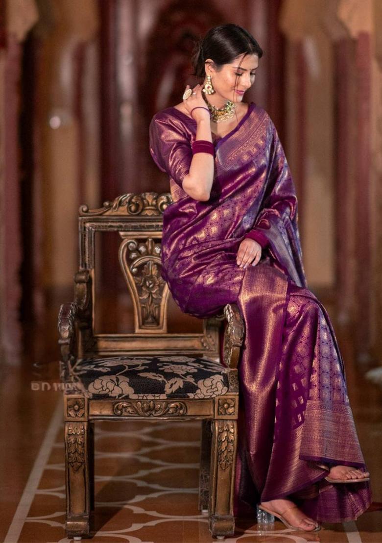 Purple Embroidery Silk Saree Set - Indya