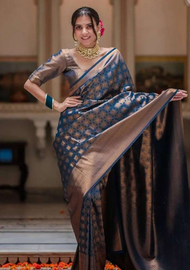 Blue Silk Blend Saree Set with Embroidery for Diwali | Wedding & Festive Wear - Indya
