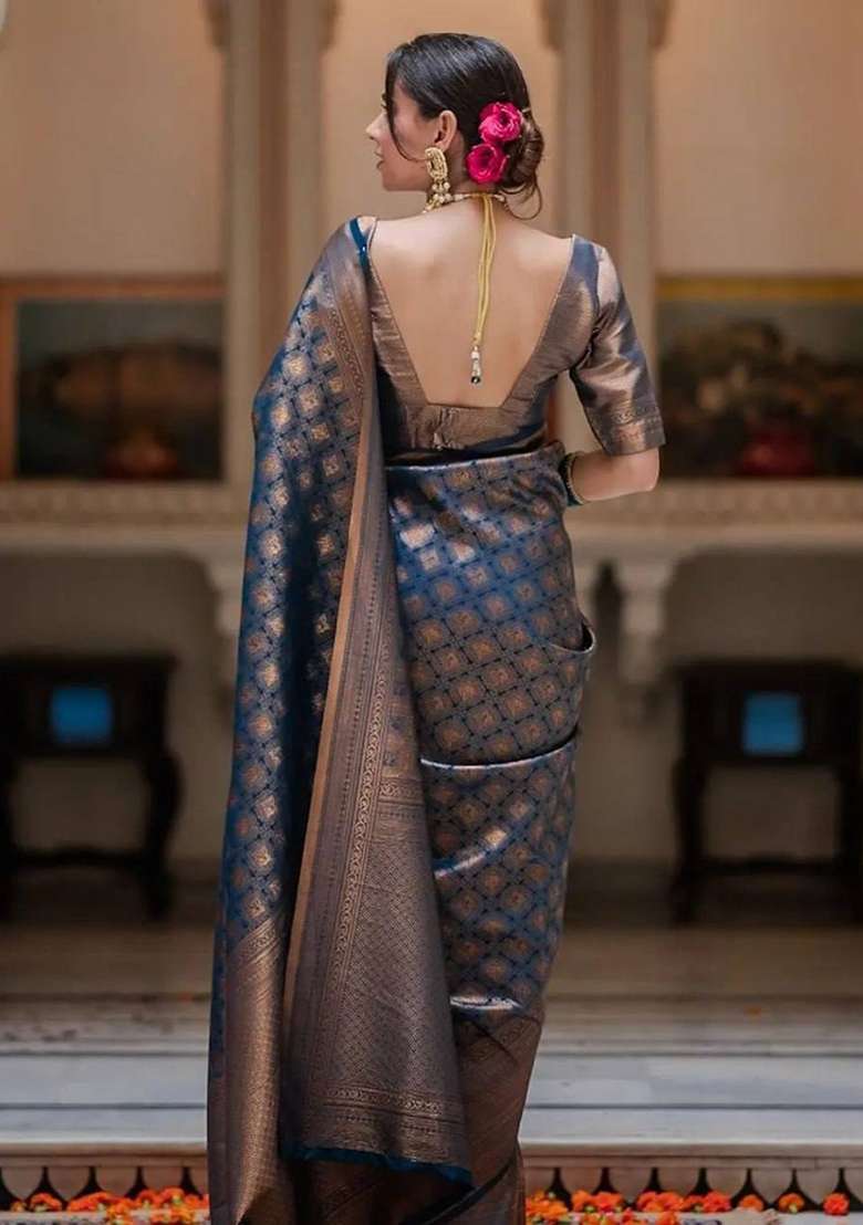 Blue Silk Blend Saree Set with Embroidery for Diwali | Wedding & Festive Wear - Indya